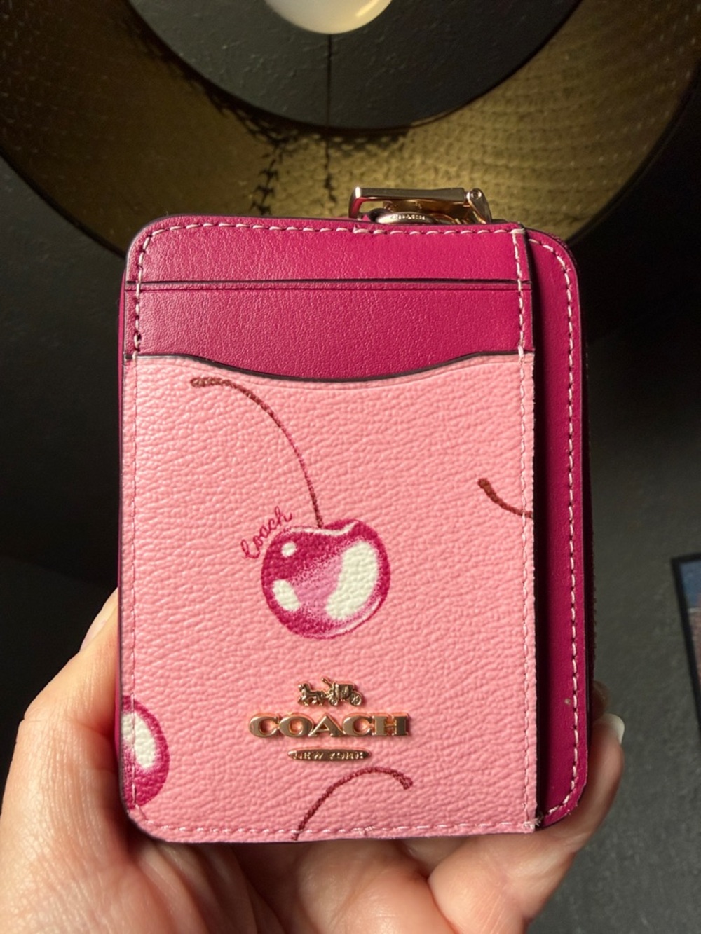 Coach Pink Cherry Card Holder with Gold Logo